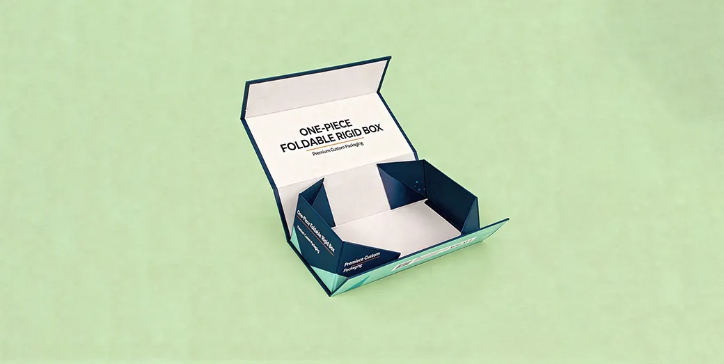 One-piece foldable rigid box made from durable paperboard packaging